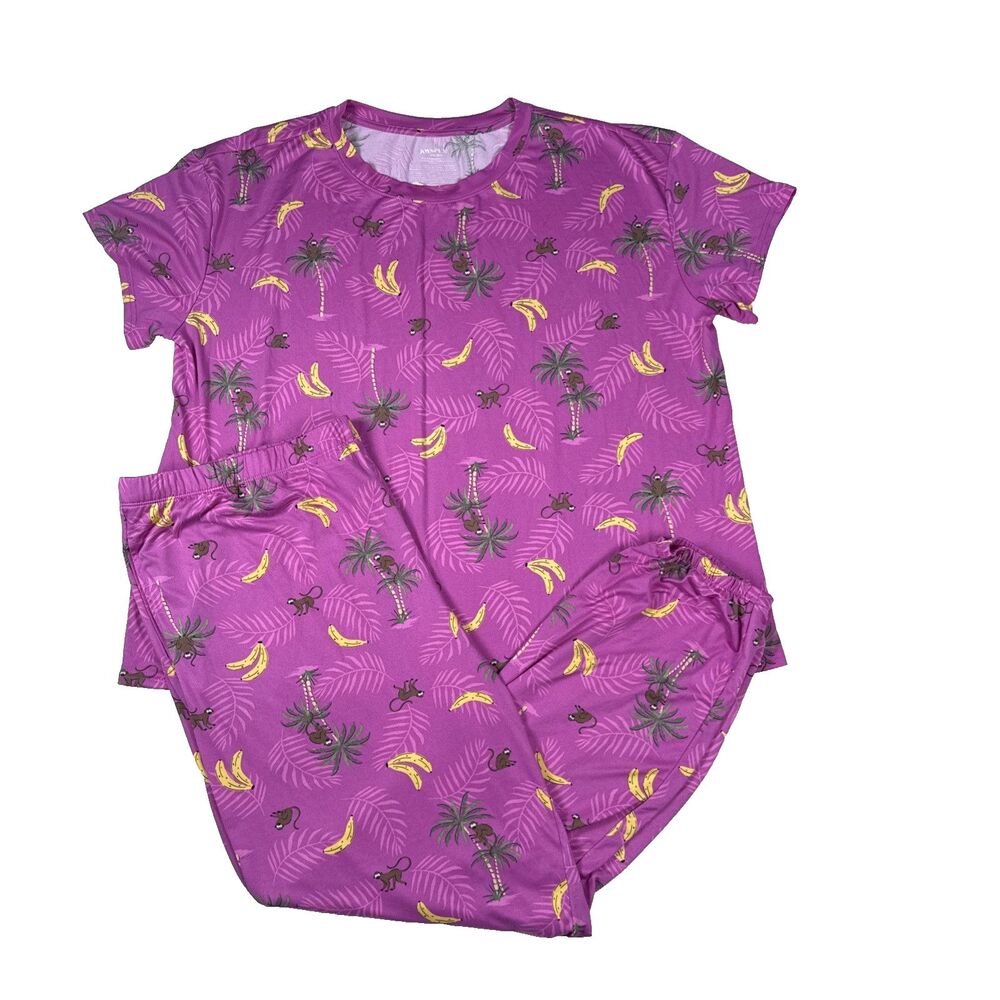 Joyspun Womens Pajama Set 2X 18W 20W Tropical Palm Tree Monkey Banana Magenta PJ